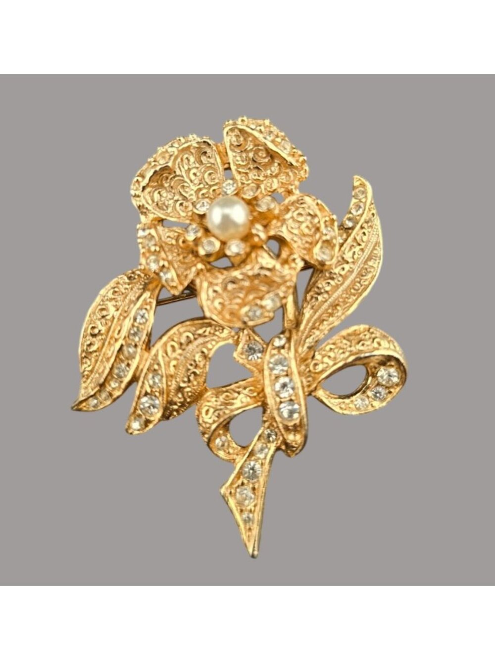 Vintage Hobe Gold-Tone Flower Brooch With Rhinestones & Faux Pearl READ